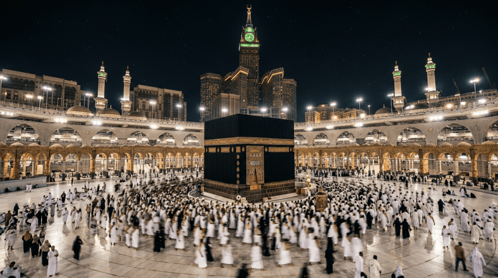 Crowd of Muslim worshippers circumambulating the Kaaba at night in Masjid al-Haram, Mecca