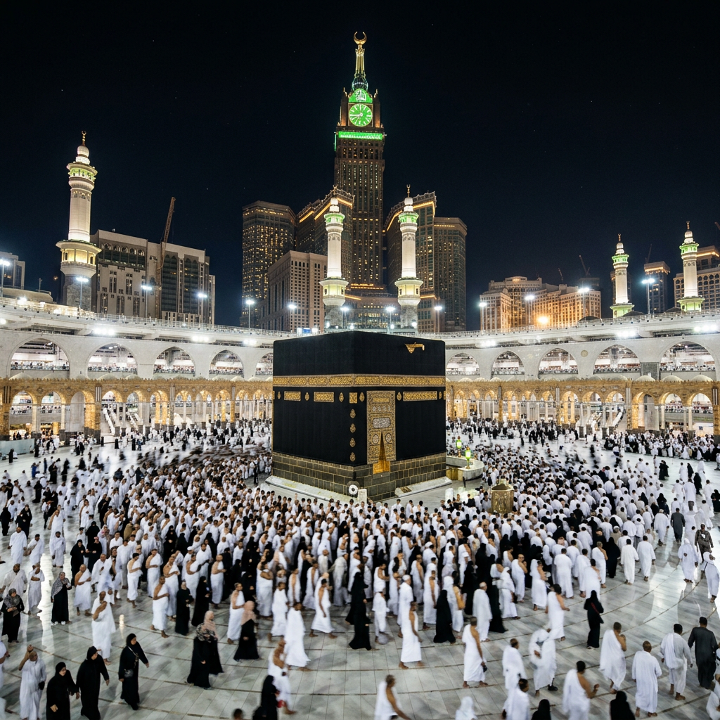 Crowd of pilgrims circling the Kaaba inside Masjid al-Haram at night
