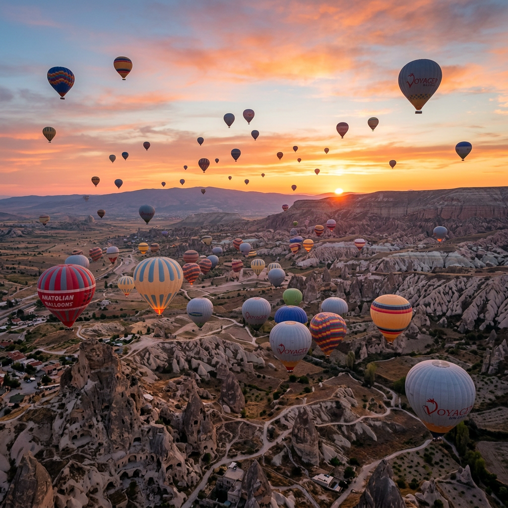 Multiple colorful hot air balloons flying over rocky terrain at sunrise
